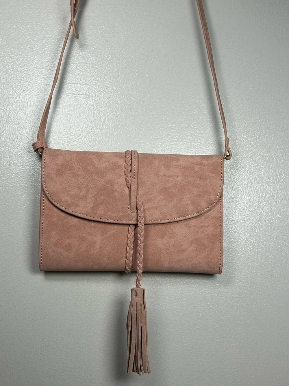 Anthropologie Envelope Suede Crossbody Boho Tassel Bag Pink
